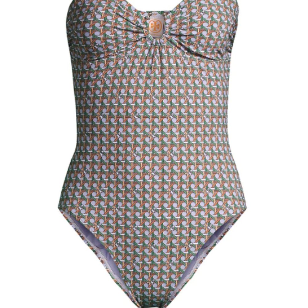 Tory Burch Logo Printed Bandeau One-Piece Swimsuit Bathing Suit (Sz. M) - NEW